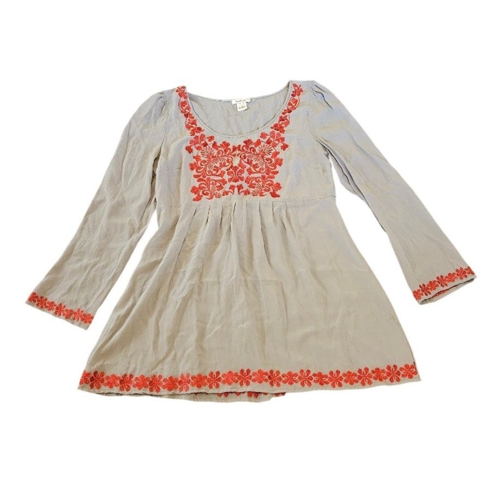 Sundance Silk Embroidered Boho Tunic Top Red Floral Long Sleeve Large
